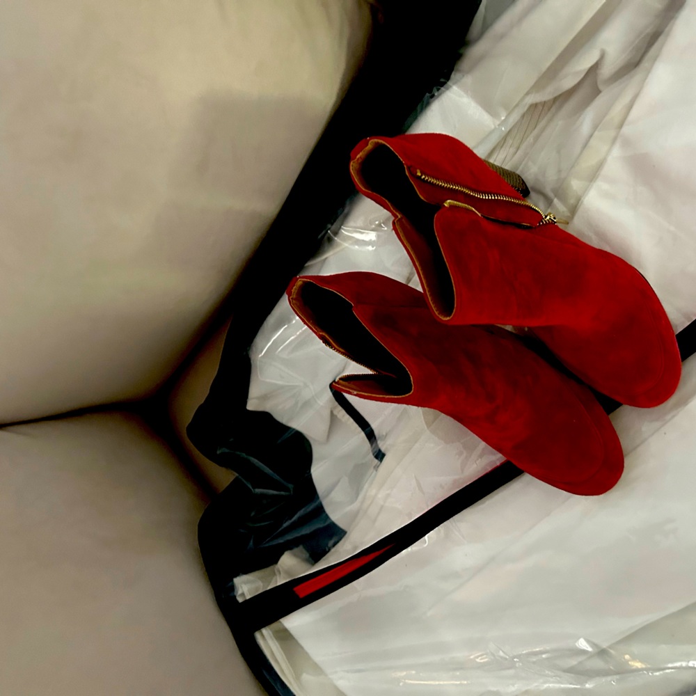 Calvin Klein red real Suede booties with Gold heels